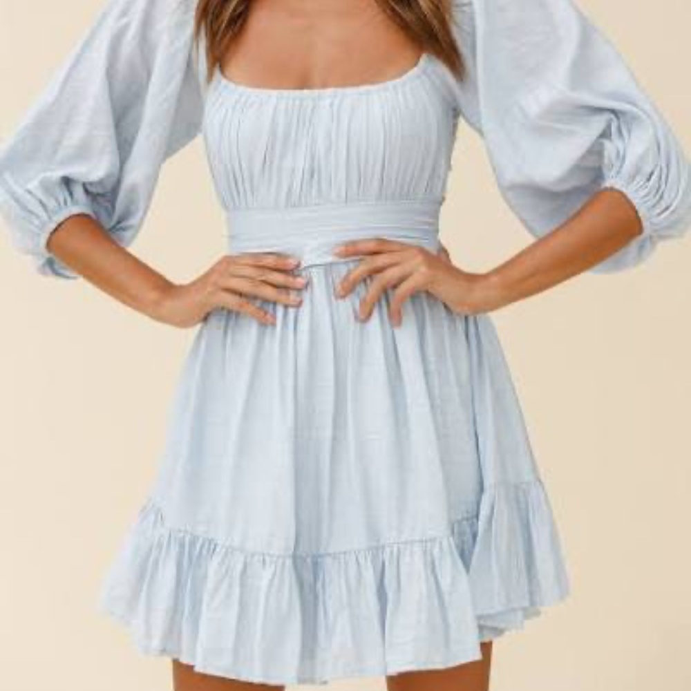 NWT SELFIE LESLIE ABBY OFF-SHOULDER TIE-UP BACK DRESS STEEL BLUE SIZE SMALL